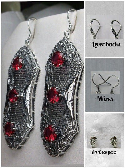 Red Ruby Earrings, Edwardian Jewelry, Sterling Silver Filigree, Triple Gemstone, Vintage Jewelry, Silver Embrace Jewelry, Twist Earrings E42