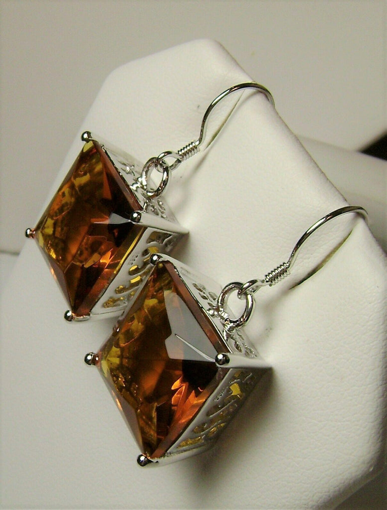 Cognac Orange Citrine Square Earrings, Art Nouveau Sterling Silver Filigree, Vintage Style Earrings, Silver Embrace Jewelry, E45