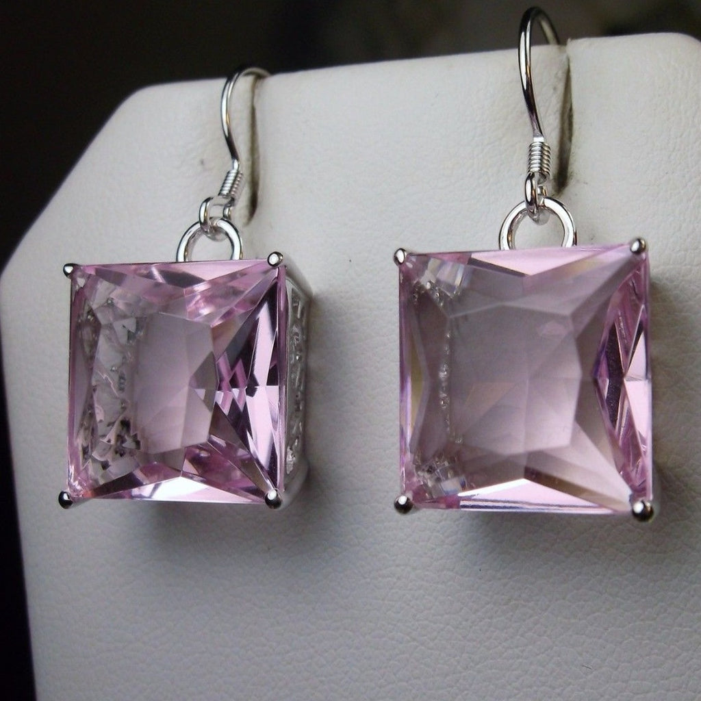 Pink Topaz Square Earrings, Art Nouveau Sterling Silver Filigree, Vintage Style Earrings, Silver Embrace Jewelry, E45