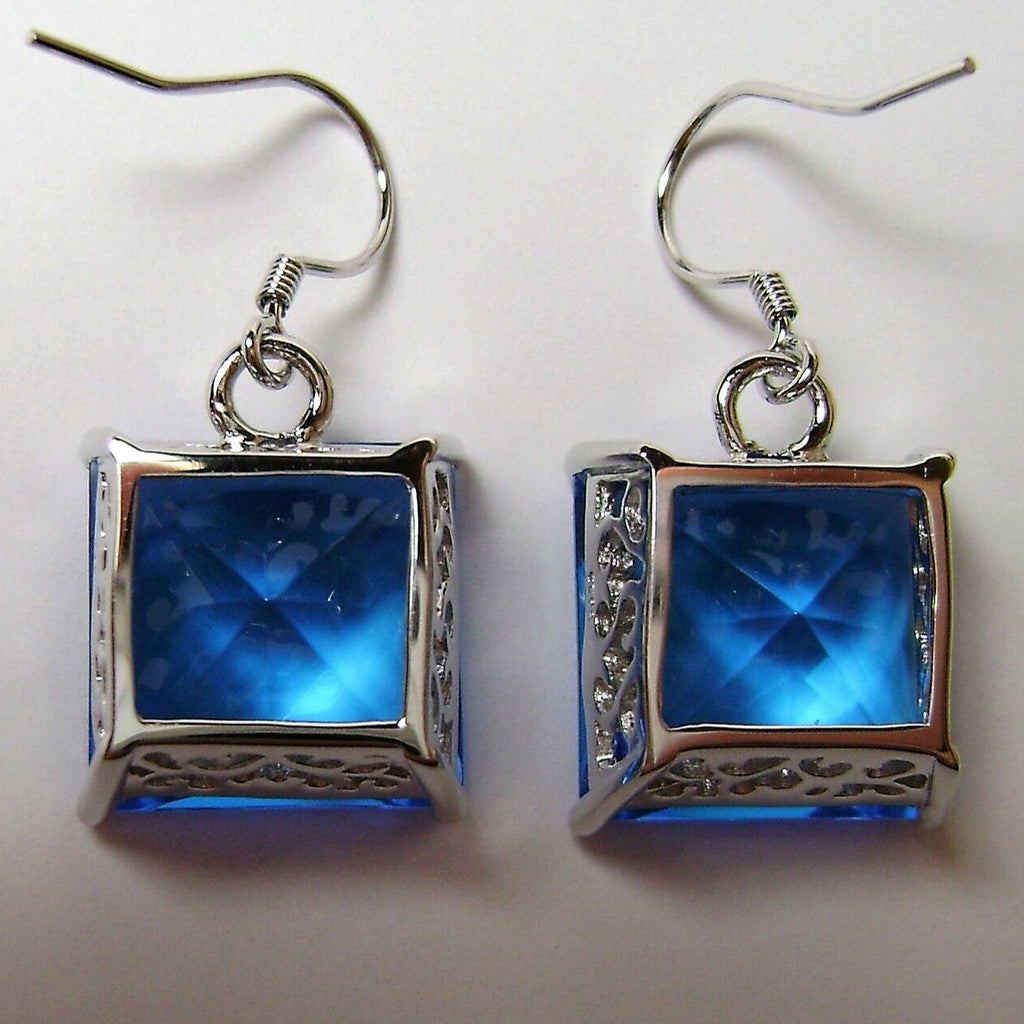 Swiss blue Topaz Square Earrings, Art Nouveau Sterling Silver Filigree, Vintage Style Earrings, Silver Embrace Jewelry, E45