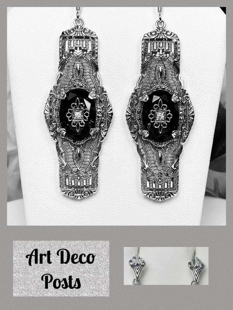 Black Onyx Embellished Oval Earrings, Oval Castle Earrings, Art Deco Jewelry, Sterling Silver Filigree, Silver Embrace Jewelry, #E4e