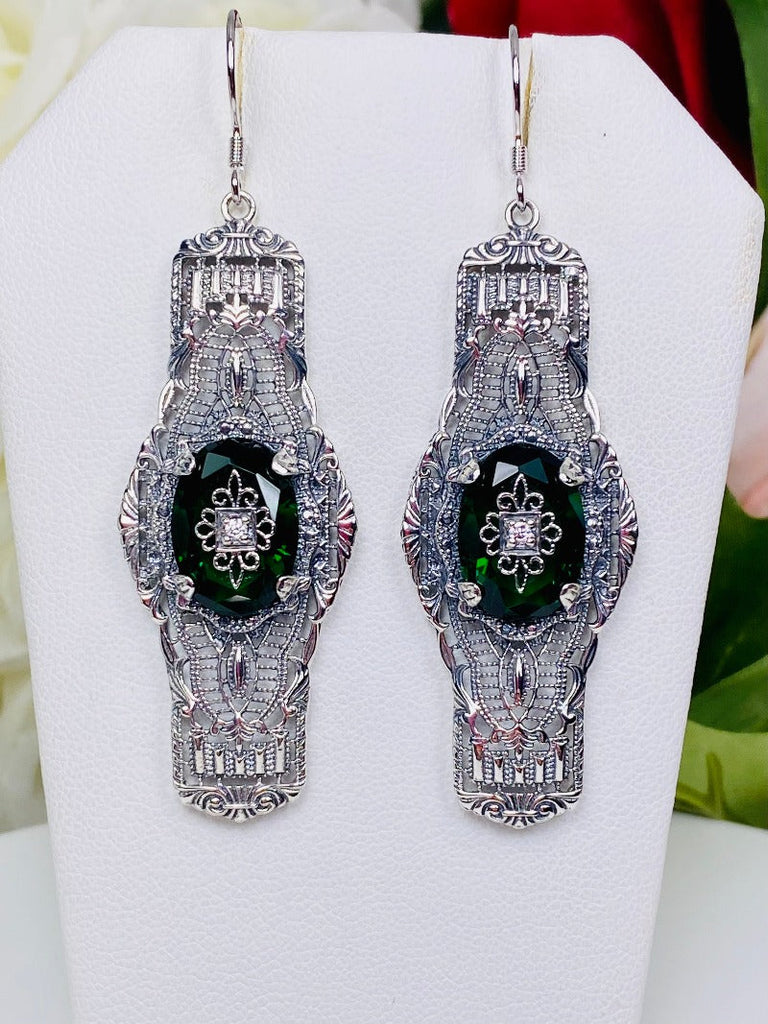 Green Emerald Embellished Oval Earrings, Oval Castle Earrings, Art Deco Jewelry, Sterling Silver Filigree, Silver Embrace Jewelry, #E4e