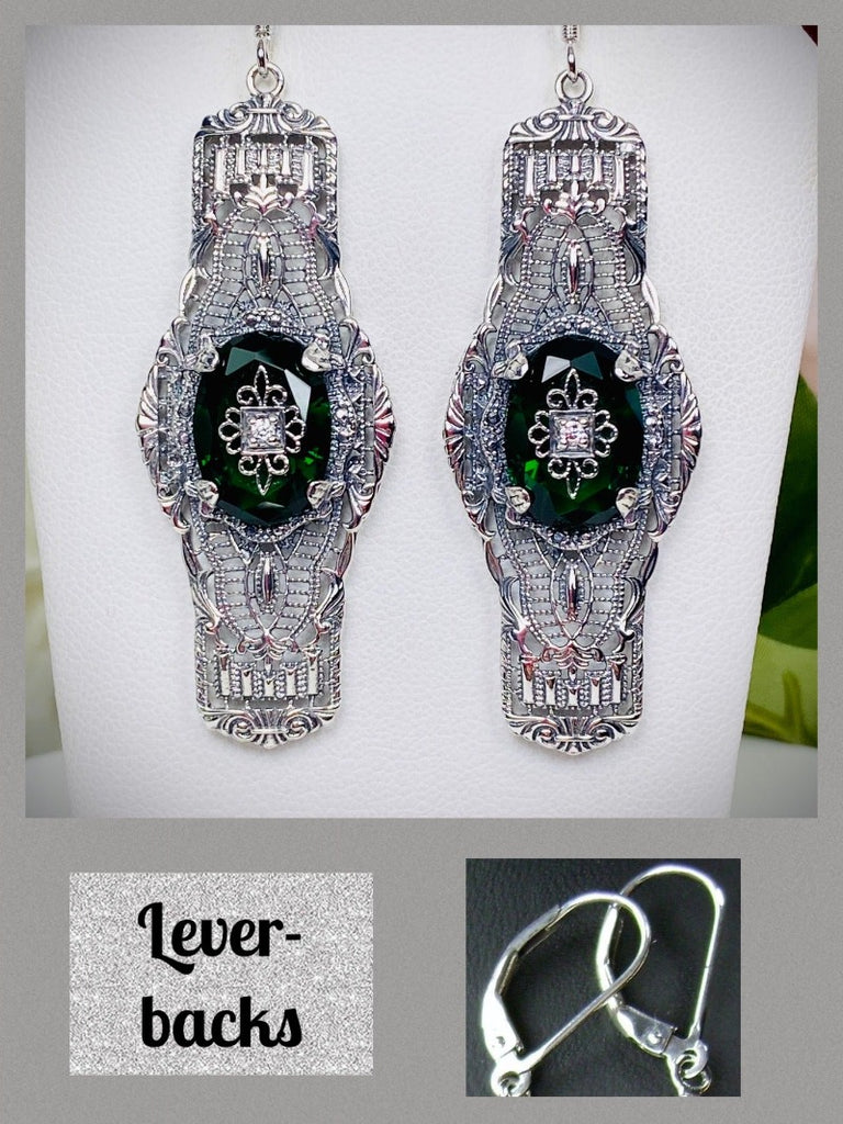 Green Emerald Embellished Oval Earrings, Oval Castle Earrings, Art Deco Jewelry, Sterling Silver Filigree, Silver Embrace Jewelry, #E4e