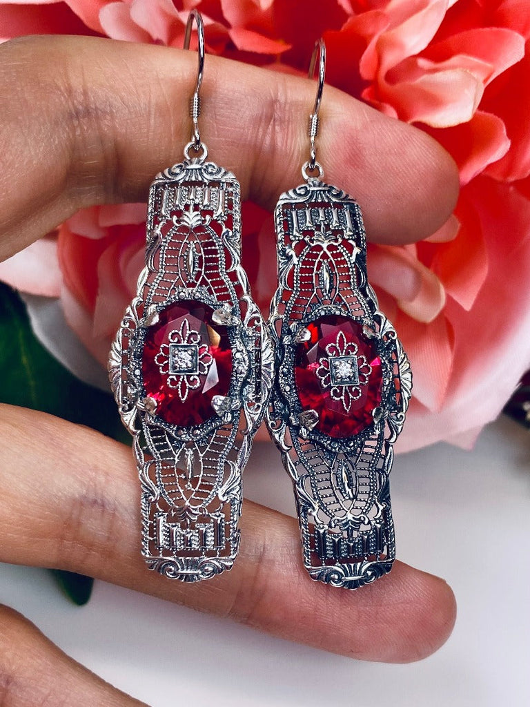 Red Ruby Embellished Oval Earrings, Oval Castle Earrings, Art Deco Jewelry, Sterling Silver Filigree, Silver Embrace Jewelry, #E4e