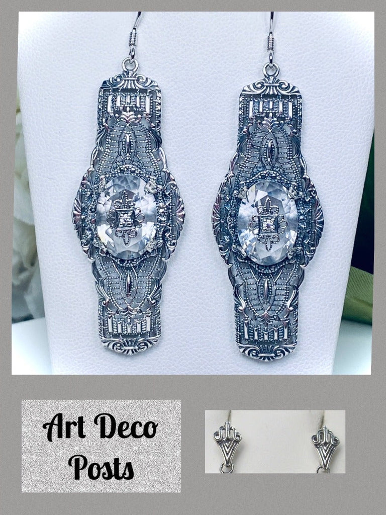 White CZ Embellished Oval Earrings, Oval Castle Earrings, Art Deco Jewelry, Sterling Silver Filigree, Silver Embrace Jewelry, #E4e
