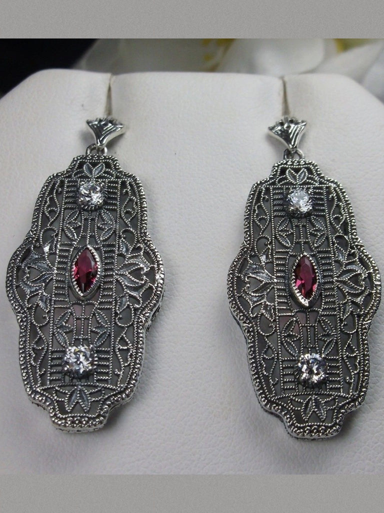 Red Ruby & Faux Diamond Earrings, Ruby & White CZ Earrings, Silver Filigree Earrings, Art Deco Jewelry, Silver Embrace Jewelry