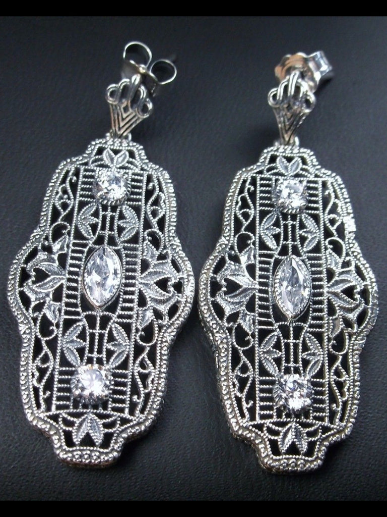 Faux Diamond Earrings, White CZ Earrings, Silver Filigree Earrings, Art Deco Jewelry, Silver Embrace Jewelry