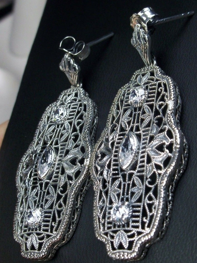Faux Diamond Earrings, White CZ Earrings, Silver Filigree Earrings, Art Deco Jewelry, Silver Embrace Jewelry