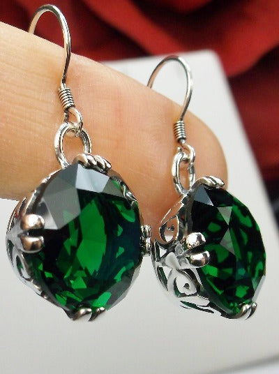 Green Emerald Earrings, Round Cut, Sterling silver filigree, Silver Embrace Jewelry, Art Deco Vintage Earrings, F Design#7