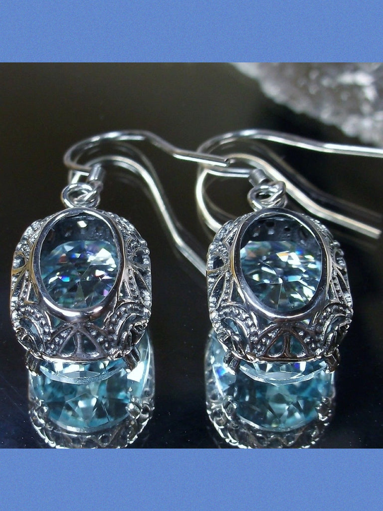 Aquamarine Earrings, sky blue aquamarine earrings with Edwardian sterling silver filigree and wire shepherd hook closures, Silver Embrace Jewelry