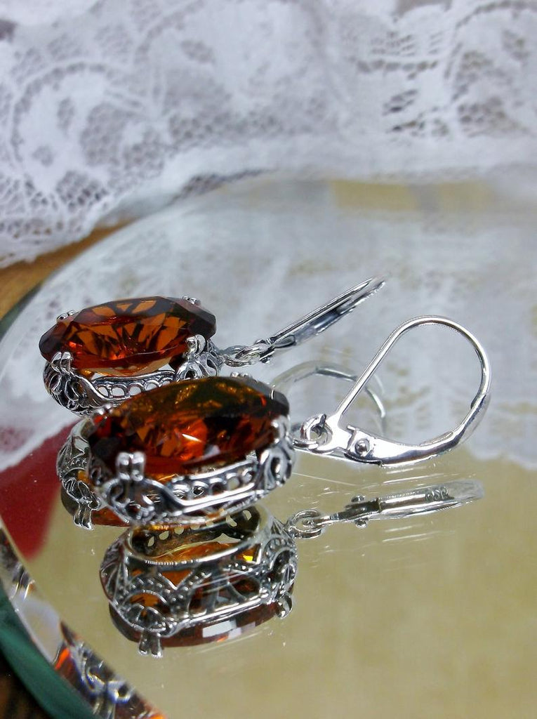 Cognac Orange Citrine Earrings, Sterling Silver Filigree, Edward #E70, Vintage Reproduction Jewelry, Silver Embrace Jewelry