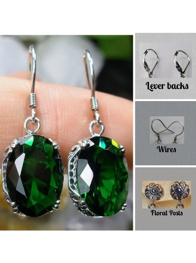 Green Emerald  Earrings, Sterling Silver Filigree, Edwardian Jewelry, Vintage Jewelry, Silver Embrace Jewelry, E70