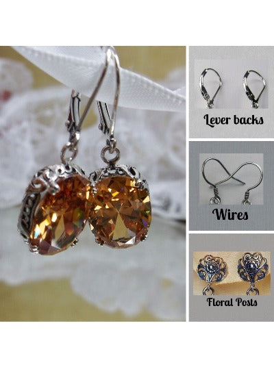Peach Cubic Zirconia (CZ)  Earrings, Sterling Silver Filigree, Edwardian Jewelry, Vintage Jewelry, Silver Embrace Jewelry, E70
