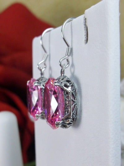Pink Cubic Zirconia (CZ) Earrings, Sterling Silver Filigree, Edwardian Jewelry, Vintage Jewelry, Silver Embrace Jewelry, E70