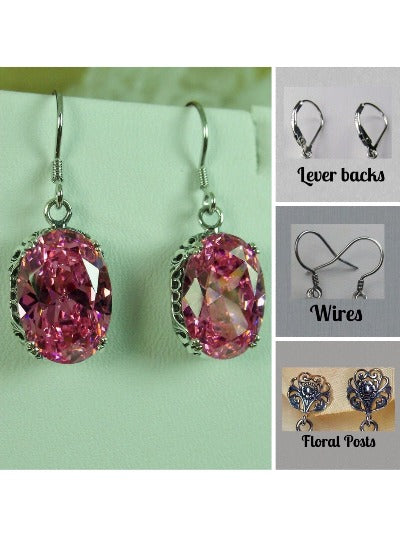 Pink Cubic Zirconia (CZ)  Earrings, Sterling Silver Filigree, Edwardian Jewelry, Vintage Jewelry, Silver Embrace Jewelry, E70
