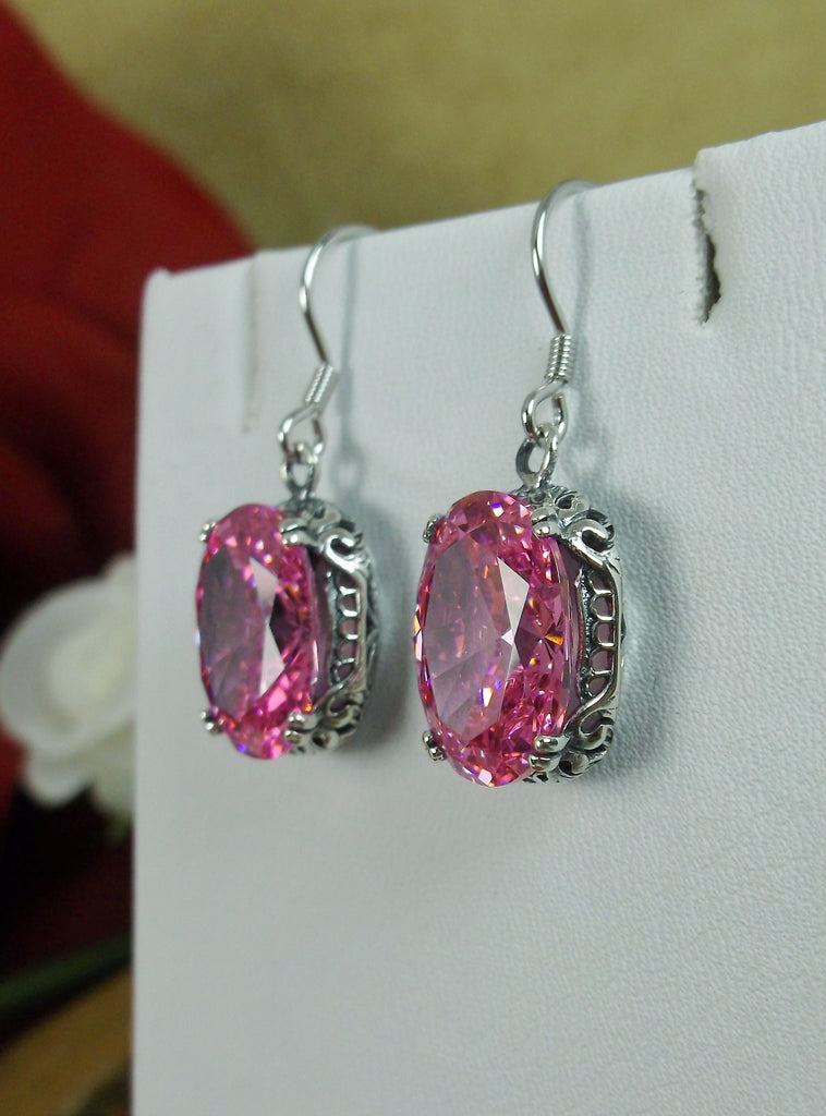 Pink Cubic Zirconia (CZ) Earrings, Sterling Silver Filigree, Edward #E70, Vintage Reproduction Jewelry, Silver Embrace Jewelry