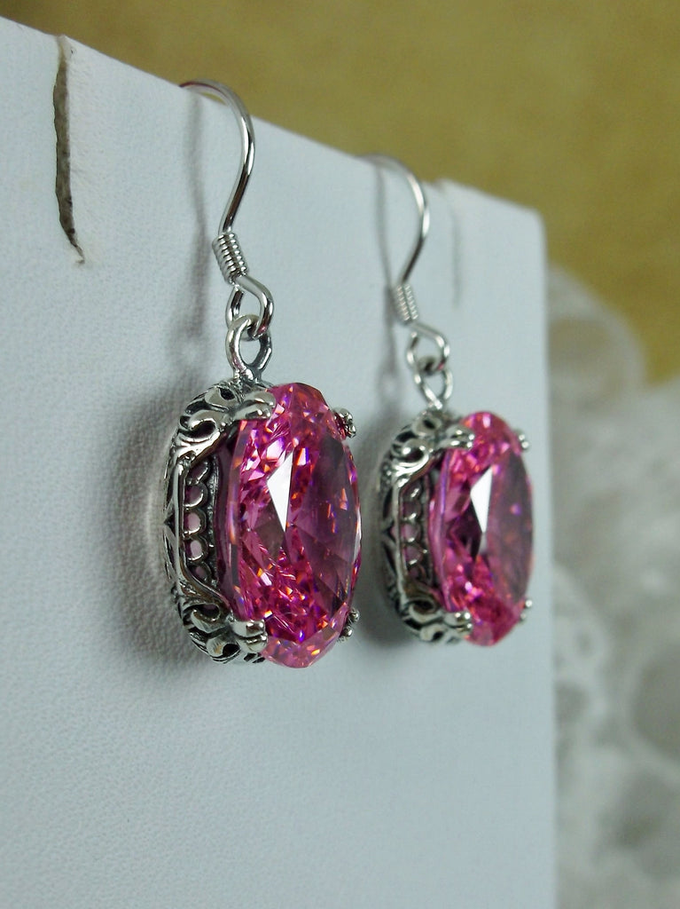 Pink Cubic Zirconia (CZ) Earrings, Sterling Silver Filigree, Edward #E70, Vintage Reproduction Jewelry, Silver Embrace Jewelry