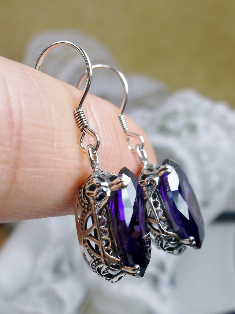Purple Amethyst Earrings, Sterling Silver Filigree, Edward #E70, Vintage Reproduction Jewelry, Silver Embrace Jewelry