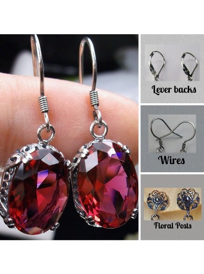 Red Ruby  Earrings, Sterling Silver Filigree, Edwardian Jewelry, Vintage Jewelry, Silver Embrace Jewelry, E70