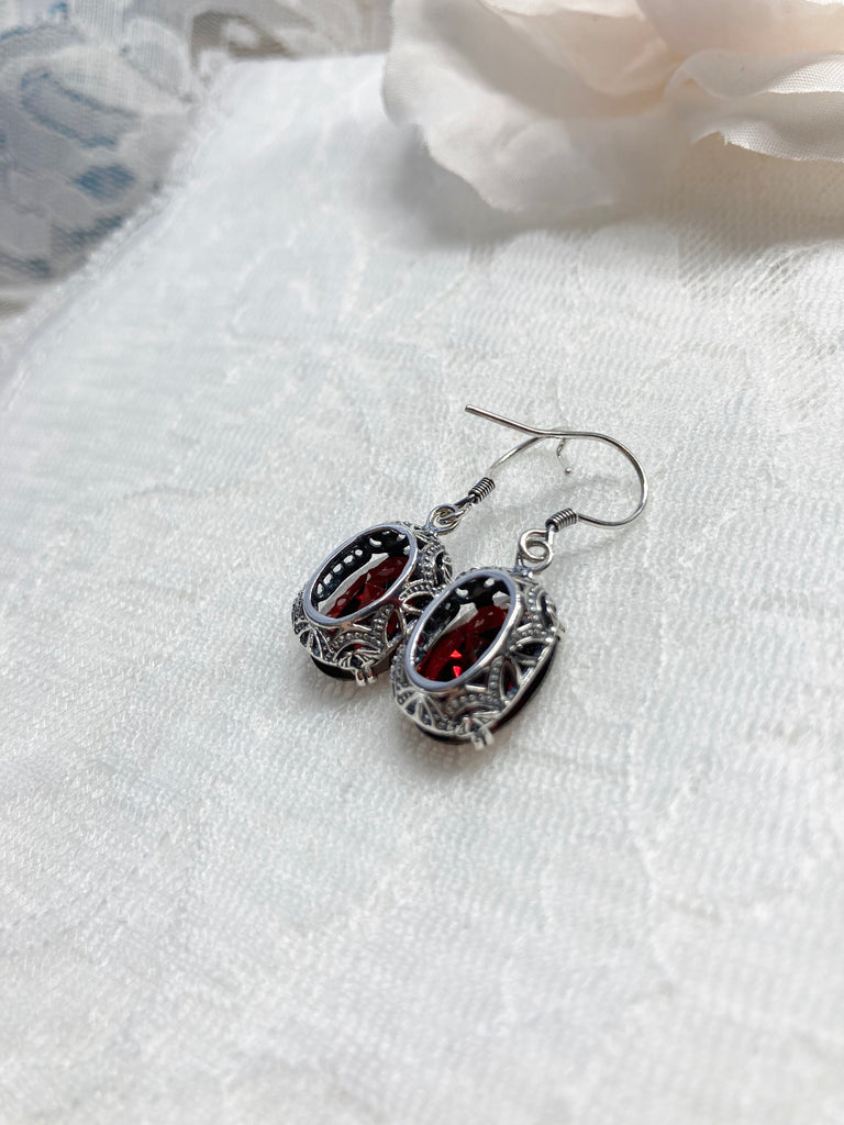 Red Garnet CZ Earrings, Sterling Silver Filigree, Edward #E70, Vintage Reproduction Jewelry, Silver Embrace Jewelry