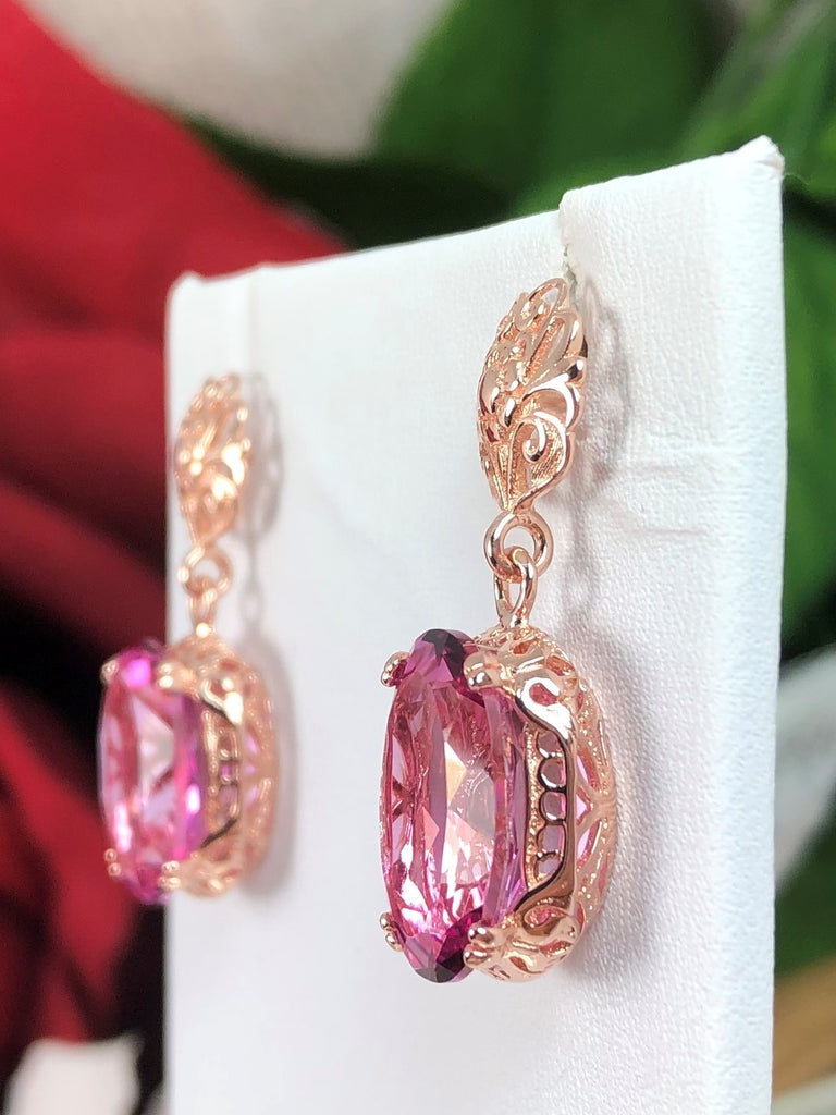 Pink Cubic Zirconia (CZ) Earrings, Rose-Gold plated Sterling Silver Filigree, Edward #E70, Vintage Reproduction Jewelry, Silver Embrace Jewelry