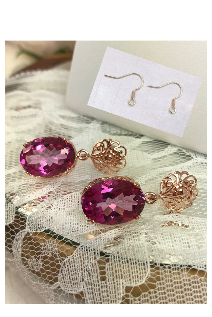 Pink Cubic Zirconia (CZ) Earrings, Rose-Gold plated Sterling Silver Filigree, Edward #E70, Vintage Reproduction Jewelry, Silver Embrace Jewelry