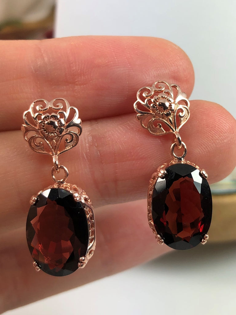 Natural Red Garnet Earrings, Rose Gold plated Sterling Silver Jewelry, Floral post backs, Edward Design, E70, Silver Embrace Jewelry