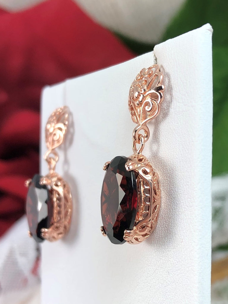 Natural Red Garnet Earrings, Rose-Gold plated Sterling Silver Filigree, Edward #E70, Vintage Reproduction Jewelry, Silver Embrace Jewelry