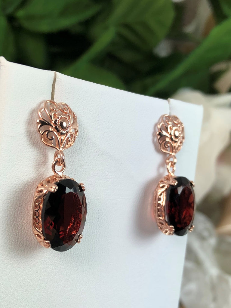 Natural Red Garnet Earrings, Rose Gold plated Sterling Silver Jewelry, Floral post backs, Edward Design, E70, Silver Embrace Jewelry