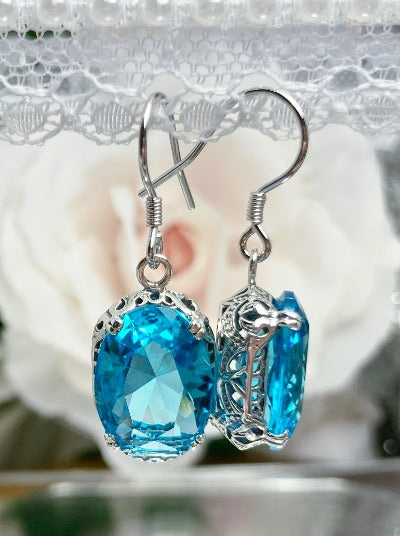 Swiss Blue Topaz  Earrings, Sterling Silver Filigree, Edwardian Jewelry, Vintage Jewelry, Silver Embrace Jewelry, E70