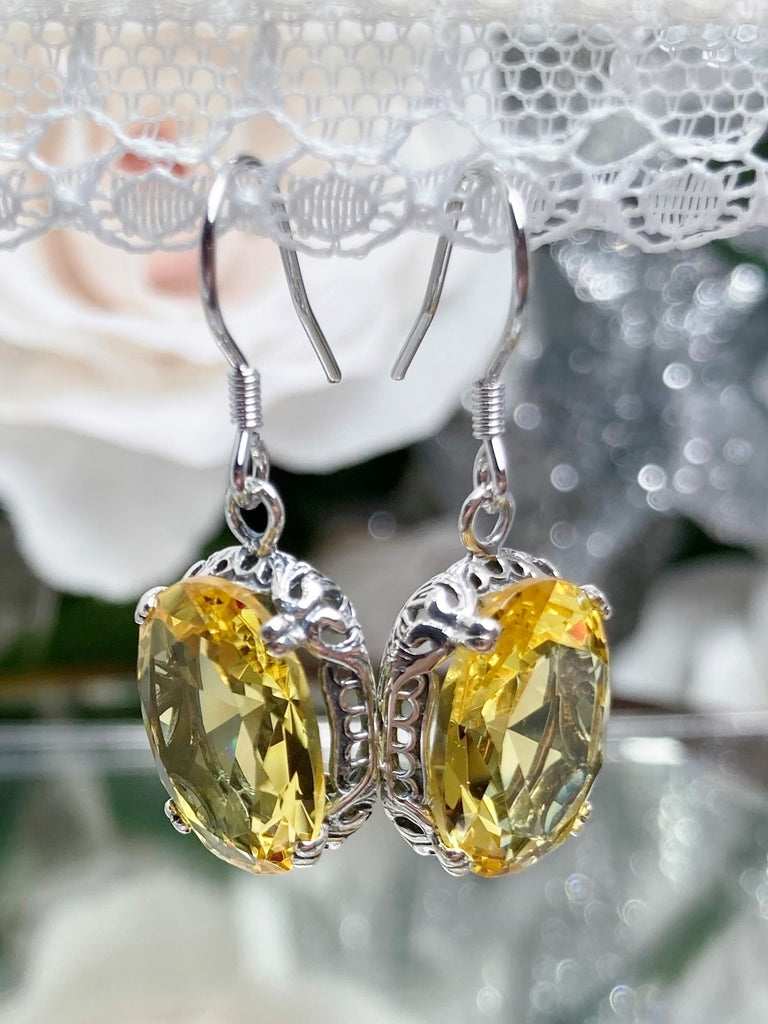Citrine earrings, yellow citrine earrings with Edwardian sterling silver filigree and traditional wire closures, Silver Embrace Jewelry