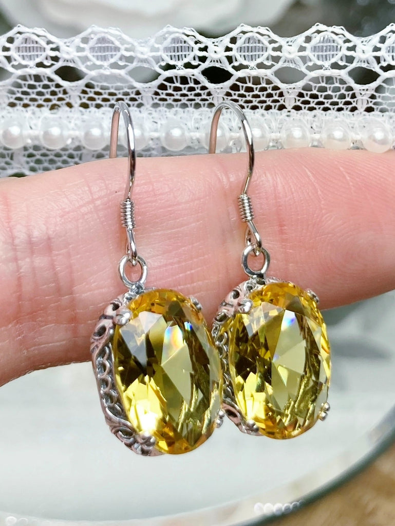 Citrine earrings, yellow citrine earrings with Edwardian sterling silver filigree and traditional wire closures, Silver Embrace Jewelry