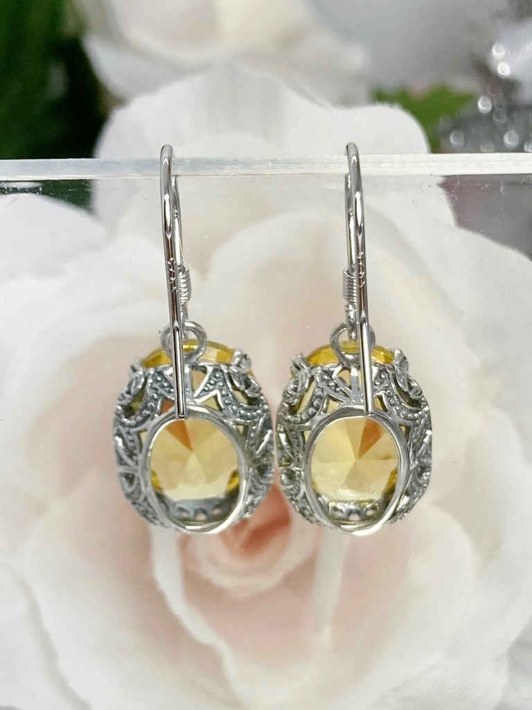 Citrine earrings, yellow citrine earrings with Edwardian sterling silver filigree and traditional wire closures, Silver Embrace Jewelry