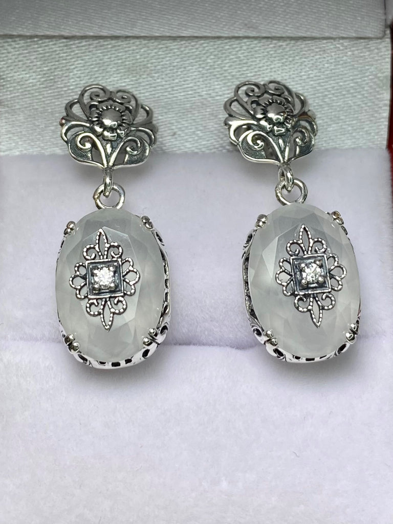 White Camphor Glass Earrings, choice of inset gem, White CZ, Lab Moissanite, or Genuine Diamond, Sterling Silver Earrings, Edward embellished, Silver Embrace jewelry E70e