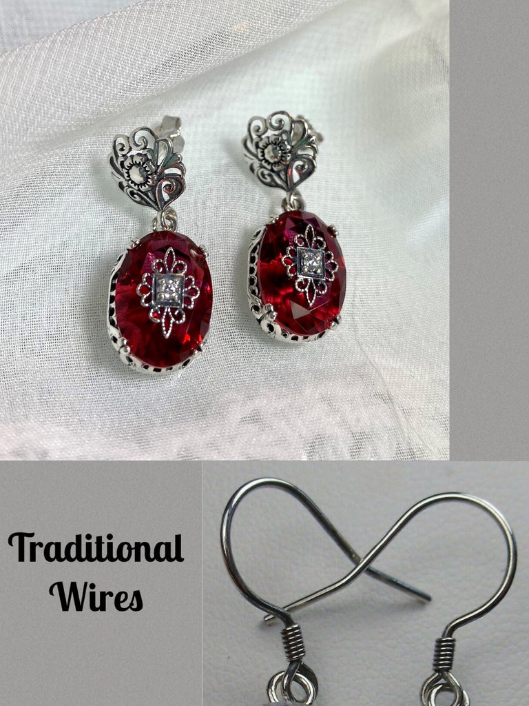 Pink Crystal earrings, sterling silver filigree, CZ, Moissanite, or diamond inset gem, traditional shepherd hook wires, Edward Embellished Earrings, Silver Embrace Jewelry E70e