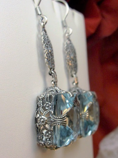 Aquamarine Sky Blue Earrings, Long Dangle sterling silver filigree, floral Victorian earrings, Square Vic #E77