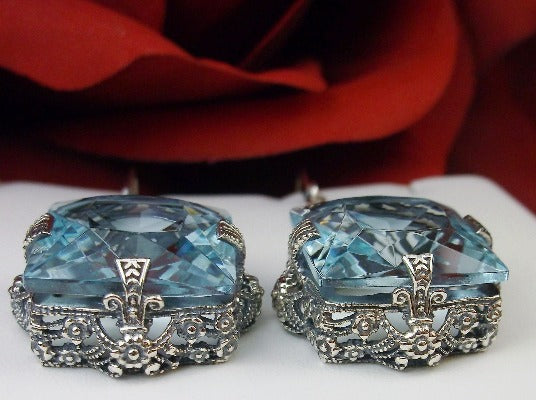 Aquamarine Sky Blue Earrings, Long Dangle sterling silver filigree, floral Victorian earrings, Square Vic #E77
