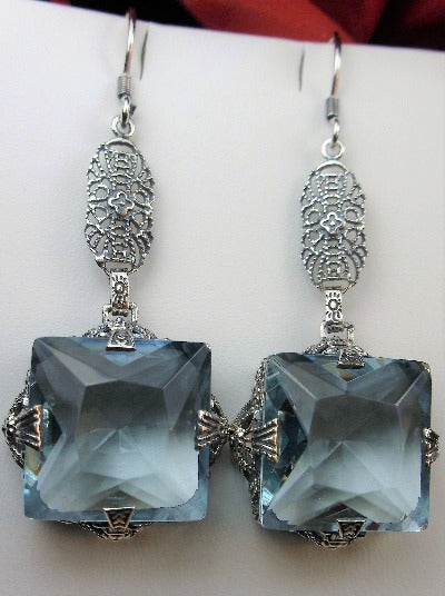 Aquamarine Sky Blue Earrings, Long Dangle sterling silver filigree, floral victorian earrings, Square Vic #E77