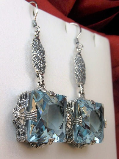 Aquamarine Sky Blue Earrings, Long Dangle sterling silver filigree, floral victorian earrings, Square Vic #E77