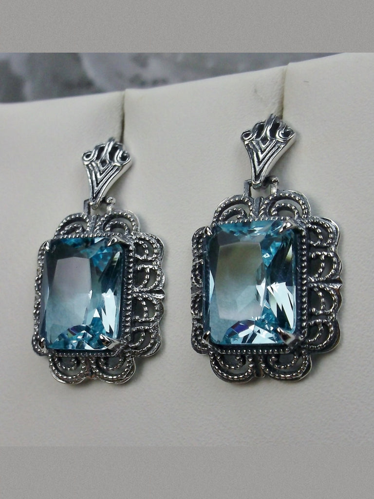 Aquamarine Rectangle Art Deco style earrings with fine lace filigree edging surrounding a lovely rectangle gemstone, and with fine Art Deco style ear post closures