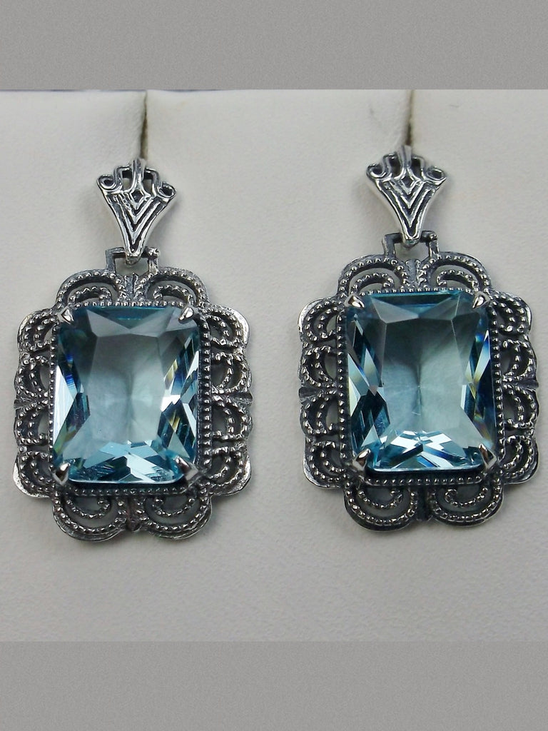 Aquamarine Rectangle Art Deco style earrings with fine lace filigree edging surrounding a lovely rectangle gemstone, and with fine Art Deco style ear post closures