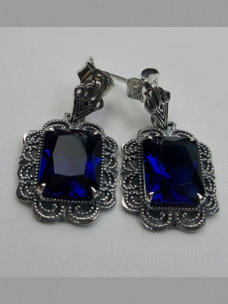 Sapphire Earrings, Rectangle gemstones edged with fine lace filigree detail accenting the lovely deep blue sapphire colored stone, Blue Sapphire earrings
