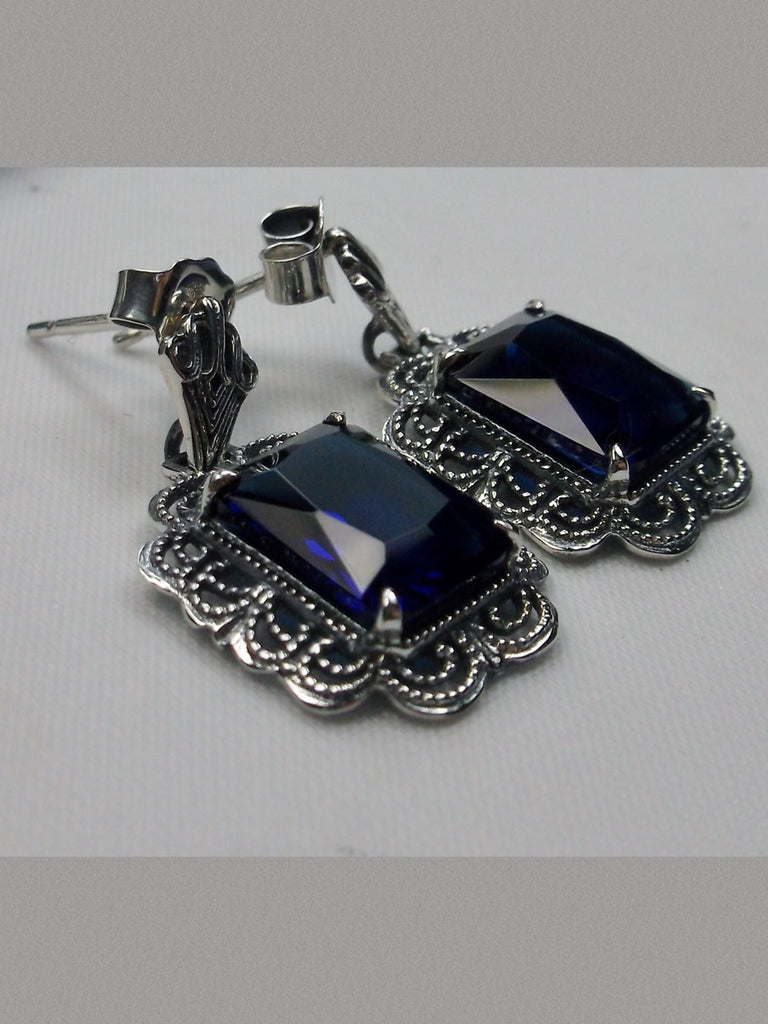 Sapphire Earrings, Rectangle gemstones edged with fine lace filigree detail accenting the lovely deep blue sapphire colored stone, Blue Sapphire earrings