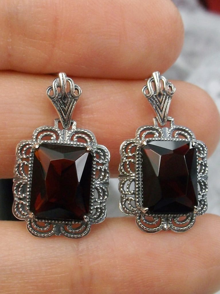 Garnet Earrings, Rectangle gemstones edged with fine lace filigree detail accenting the lovely deep merlot garnet colored stone, Merlot Garnet earrings