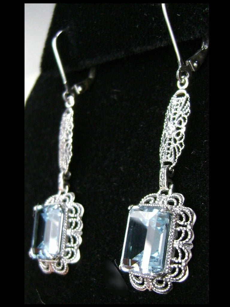 Natural Blue Topaz Earrings, Rectangle gemstones edged with fine lace filigree detail, suspended from a lovely sterling silver filigree element with accenting detail, Natural Blue Topaz earrings