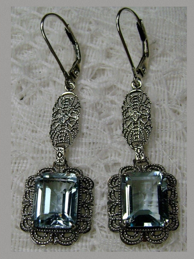 Natural Blue Topaz Earrings, Rectangle gemstones edged with fine lace filigree detail, suspended from a lovely sterling silver filigree element with accenting detail, Natural Blue Topaz earrings