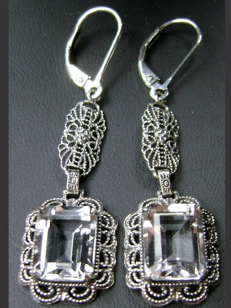 Natural White Topaz Earrings, Rectangle gemstones edged with fine lace filigree detail, suspended from a lovely sterling silver filigree element with accenting detail, Natural White Topaz earrings