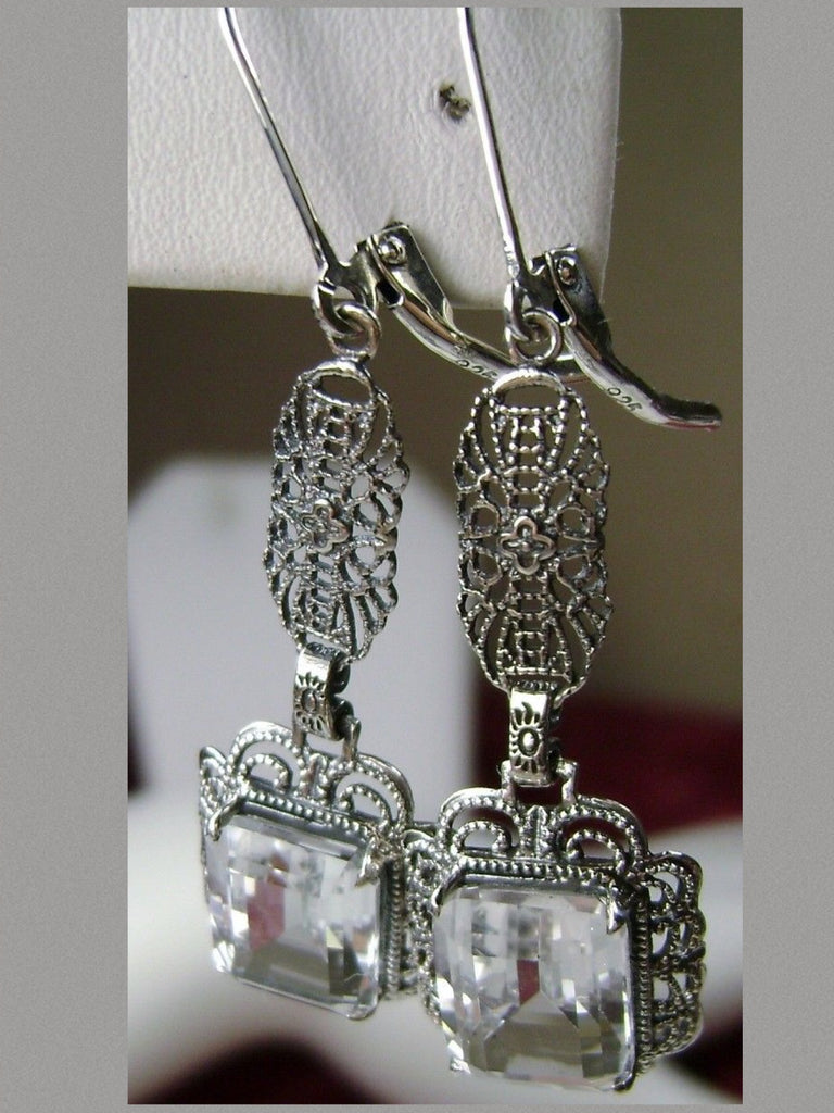 Natural White Topaz Earrings, Rectangle gemstones edged with fine lace filigree detail, suspended from a lovely sterling silver filigree element with accenting detail, Natural White Topaz earrings