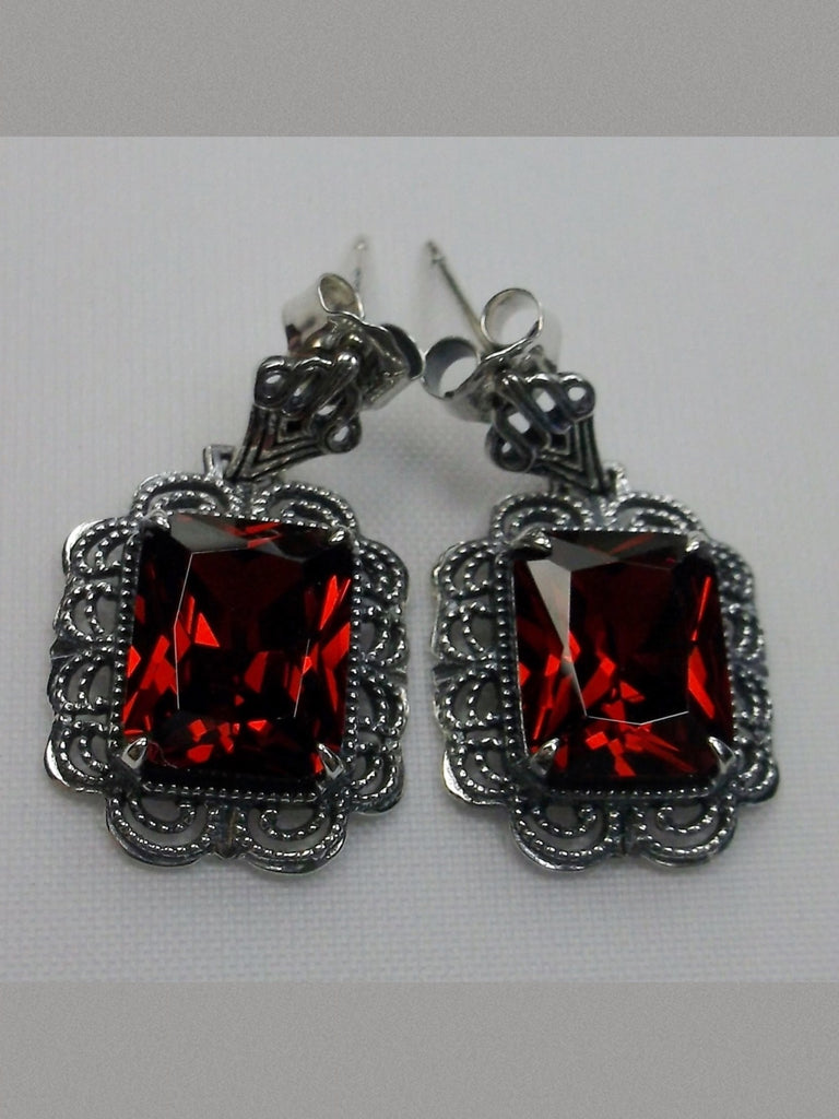 Garnet Cubic Zirconia Earrings, Rectangle gemstones edged with fine lace filigree detail accenting the lovely brilliant garnet colored stone, Garnet CZ earrings