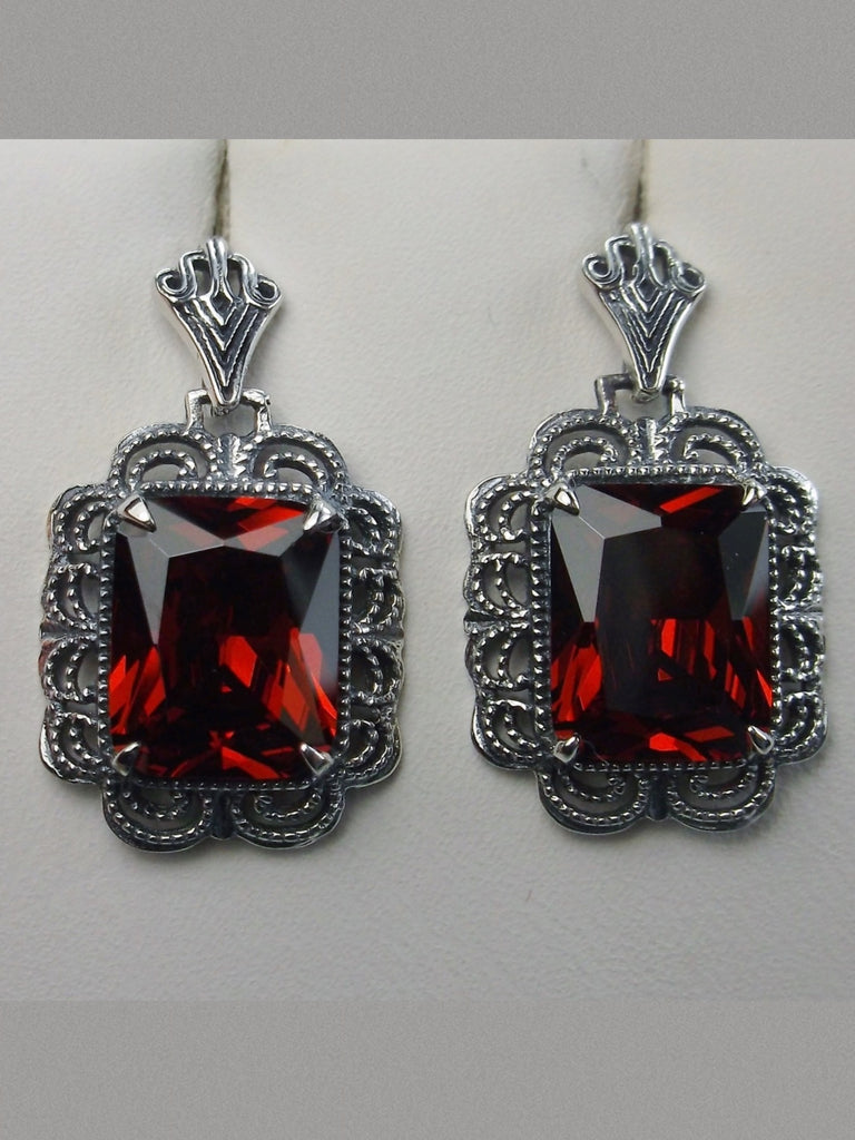 Garnet Cubic Zirconia Earrings, Rectangle gemstones edged with fine lace filigree detail accenting the lovely brilliant garnet colored stone, Garnet CZ earrings